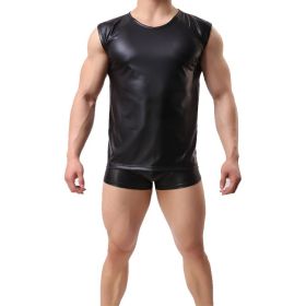 Men's faux leather vest Comfortable round neck Patent leather wide shoulder sleeveless black